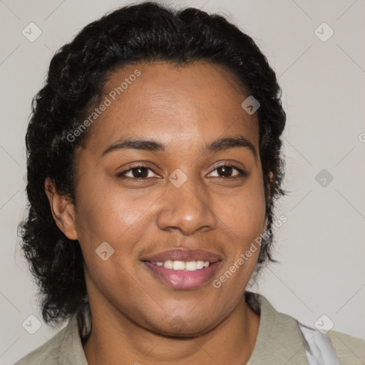 Joyful latino young-adult female with short  brown hair and brown eyes