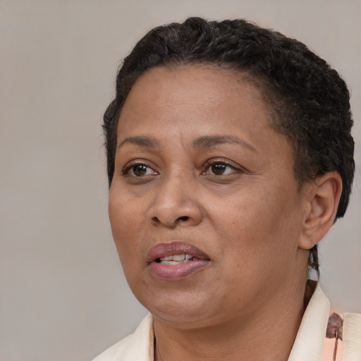 Joyful white adult female with short  brown hair and brown eyes