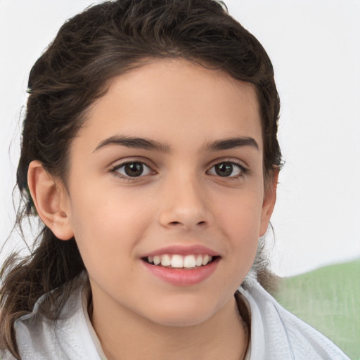 Joyful white child female with medium  brown hair and brown eyes