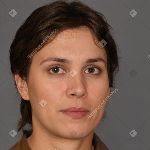 Neutral white young-adult female with medium  brown hair and brown eyes