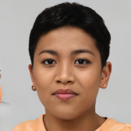 Neutral asian young-adult female with short  black hair and brown eyes