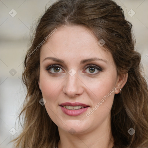 Joyful white young-adult female with long  brown hair and green eyes