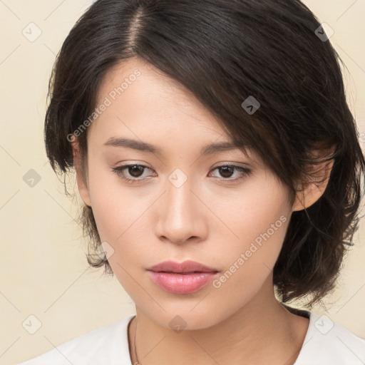 Neutral white young-adult female with medium  brown hair and brown eyes