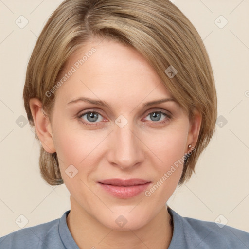 Joyful white young-adult female with medium  brown hair and blue eyes