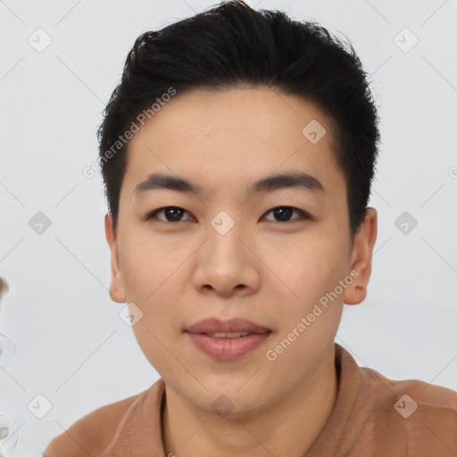 Neutral asian young-adult male with short  black hair and brown eyes