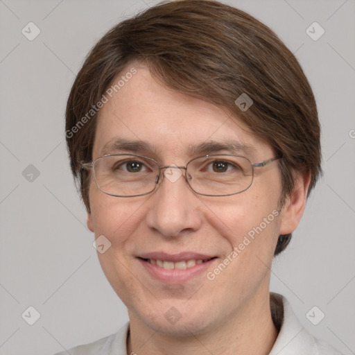 Joyful white adult female with short  brown hair and grey eyes