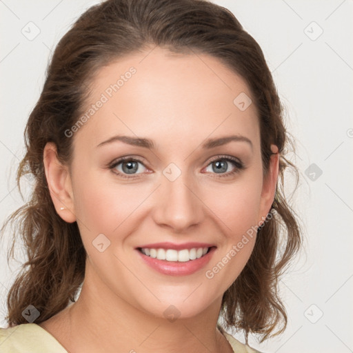 Joyful white young-adult female with medium  brown hair and blue eyes