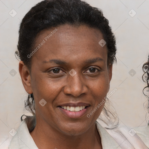 Joyful black adult female with short  brown hair and brown eyes