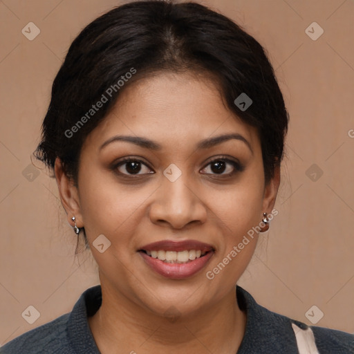 Joyful latino young-adult female with medium  brown hair and brown eyes