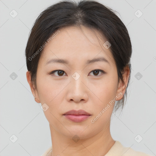 Neutral asian young-adult female with short  brown hair and brown eyes