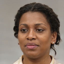 Joyful black adult female with short  brown hair and brown eyes