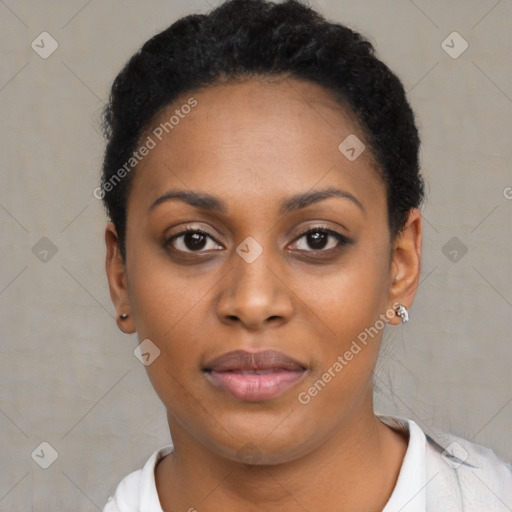 Neutral black young-adult female with short  black hair and brown eyes