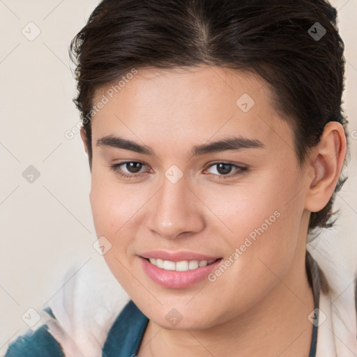 Joyful white young-adult female with medium  brown hair and brown eyes