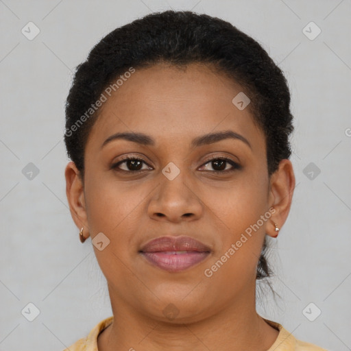Joyful latino young-adult female with short  brown hair and brown eyes