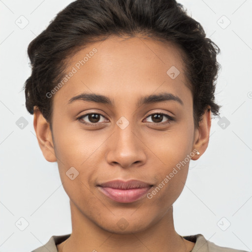 Joyful latino young-adult female with short  brown hair and brown eyes