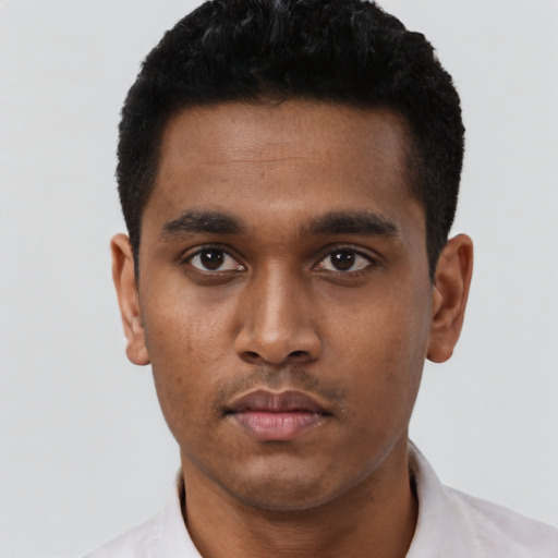 Neutral black young-adult male with short  black hair and brown eyes