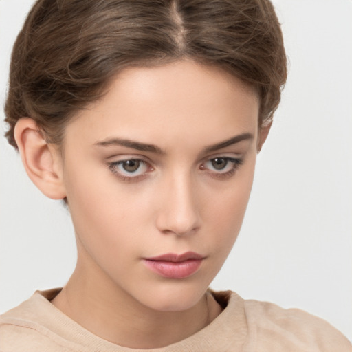 Neutral white young-adult female with short  brown hair and brown eyes