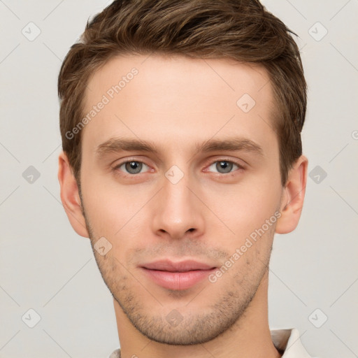 Neutral white young-adult male with short  brown hair and grey eyes