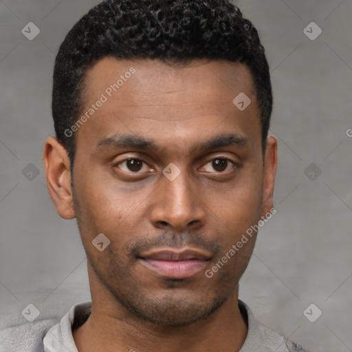 Neutral latino young-adult male with short  brown hair and brown eyes