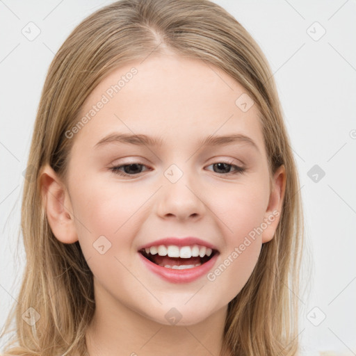 Joyful white child female with medium  brown hair and brown eyes