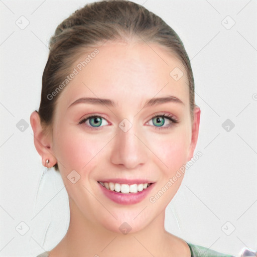 Joyful white young-adult female with medium  brown hair and blue eyes