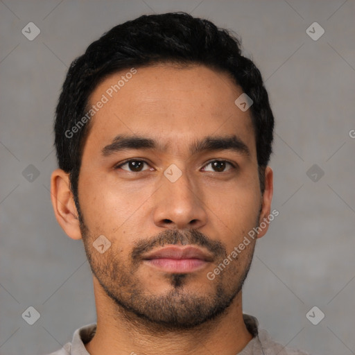 Neutral latino young-adult male with short  black hair and brown eyes