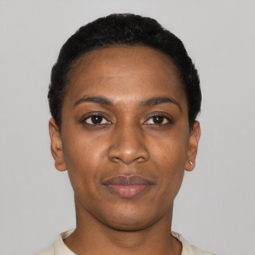 Joyful black young-adult female with short  black hair and brown eyes