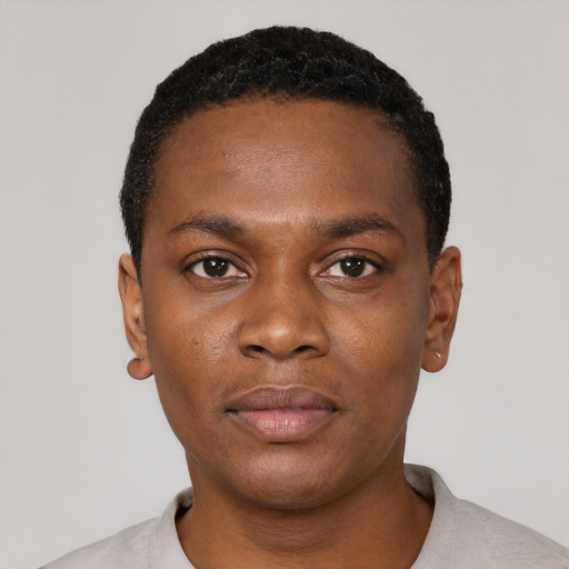 Neutral black young-adult male with short  black hair and brown eyes