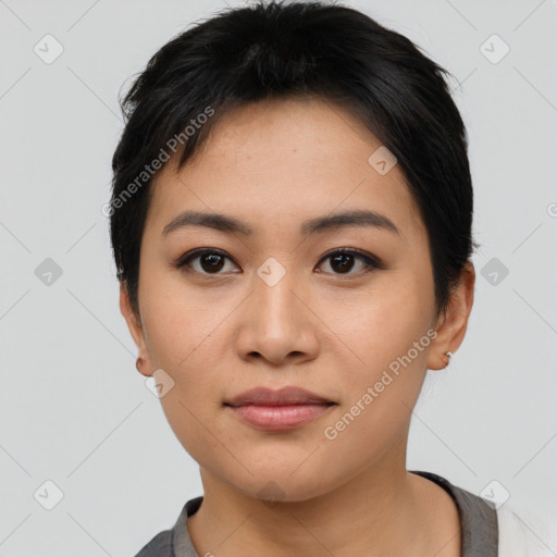 Neutral asian young-adult female with short  black hair and brown eyes