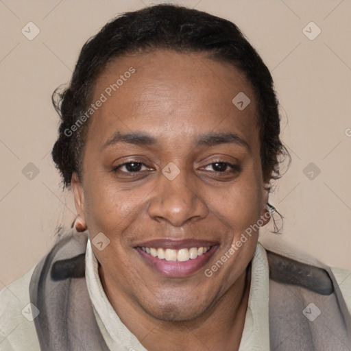 Joyful black adult female with short  brown hair and brown eyes