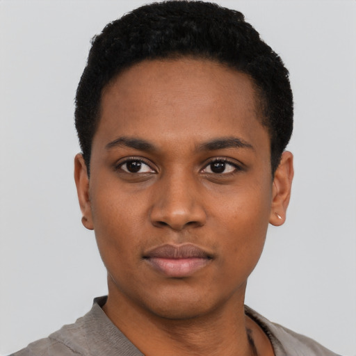 Neutral black young-adult male with short  black hair and brown eyes