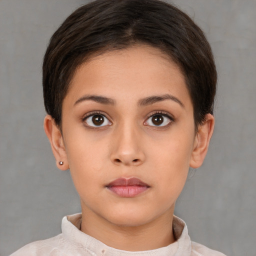 Neutral white young-adult female with short  brown hair and brown eyes