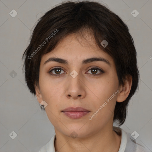 Neutral white young-adult female with medium  brown hair and brown eyes