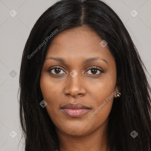 Joyful asian young-adult female with long  brown hair and brown eyes