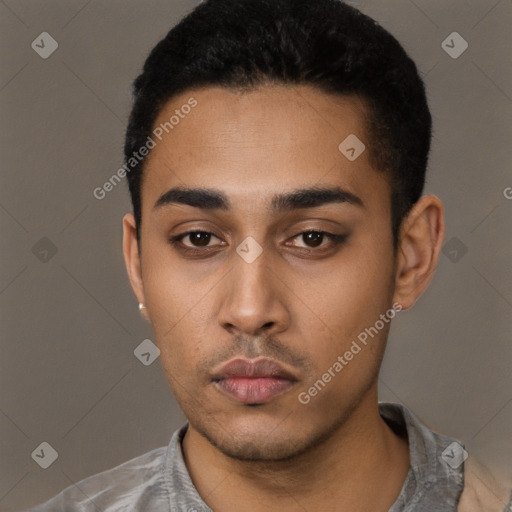 Neutral latino young-adult male with short  black hair and brown eyes