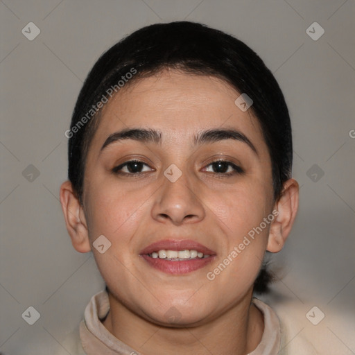 Joyful white young-adult female with short  brown hair and brown eyes