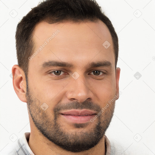 Joyful white young-adult male with short  brown hair and brown eyes