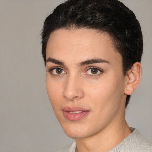 Joyful white young-adult female with medium  brown hair and brown eyes