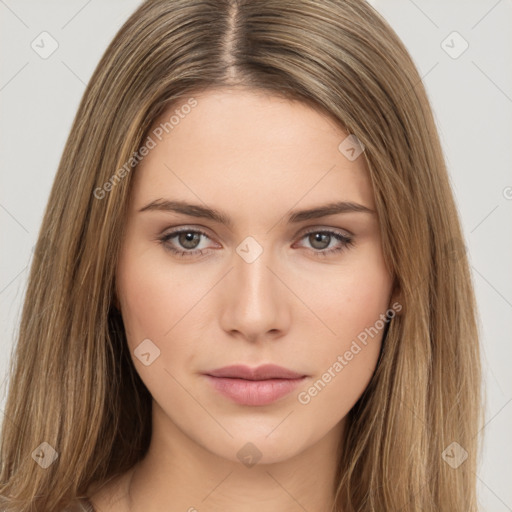 Neutral white young-adult female with long  brown hair and brown eyes