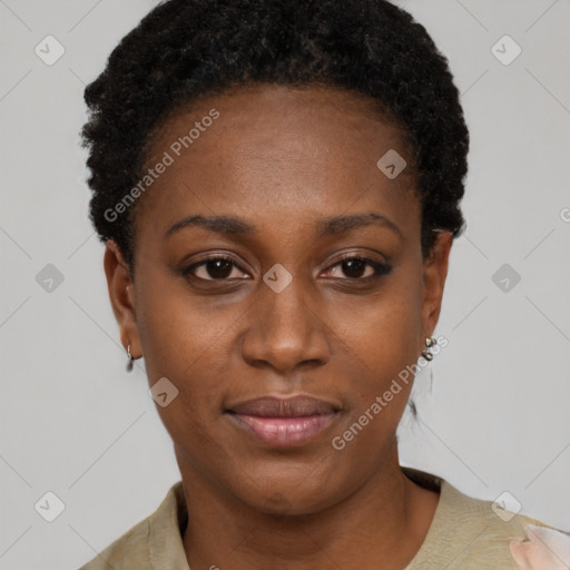 Neutral black young-adult female with short  black hair and brown eyes