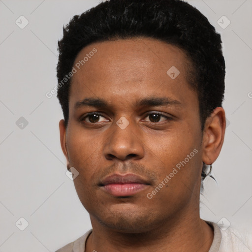 Neutral black young-adult male with short  black hair and brown eyes