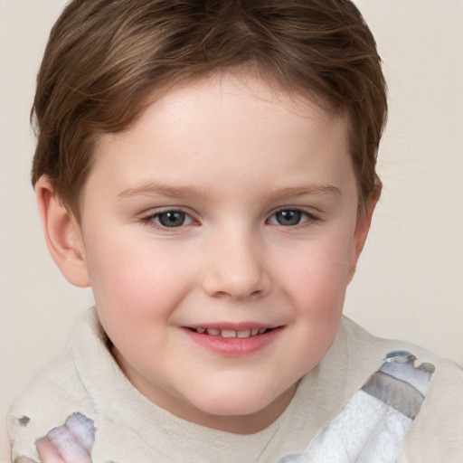 Joyful white child female with short  brown hair and grey eyes