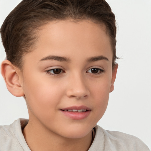 Joyful white child female with short  brown hair and brown eyes