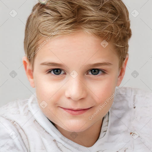 Joyful white child female with short  brown hair and brown eyes