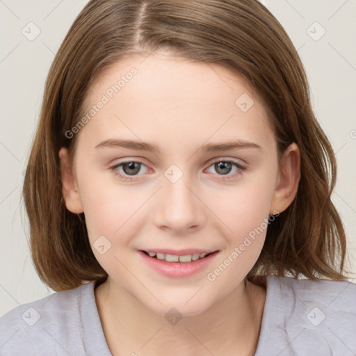 Joyful white child female with medium  brown hair and brown eyes