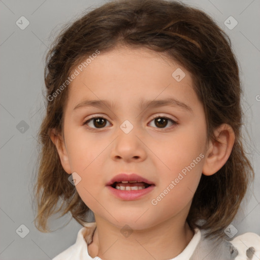 Joyful white child female with medium  brown hair and brown eyes