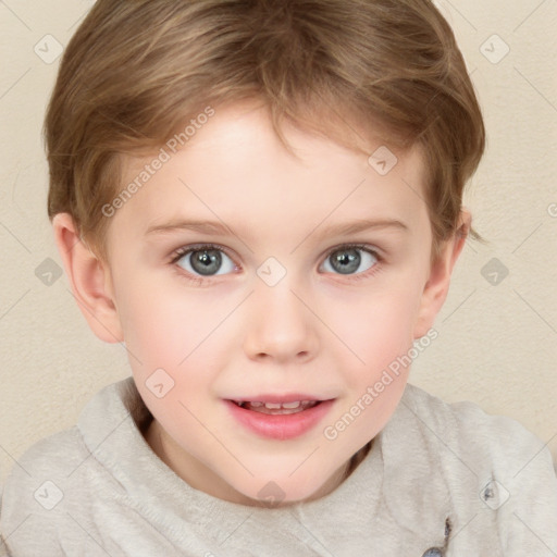 Joyful white child female with short  brown hair and brown eyes