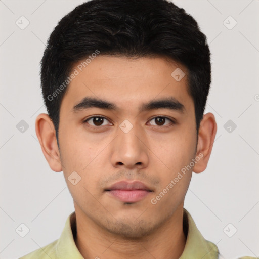 Neutral asian young-adult male with short  black hair and brown eyes