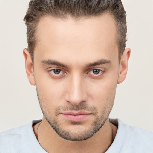 Neutral white young-adult male with short  brown hair and brown eyes