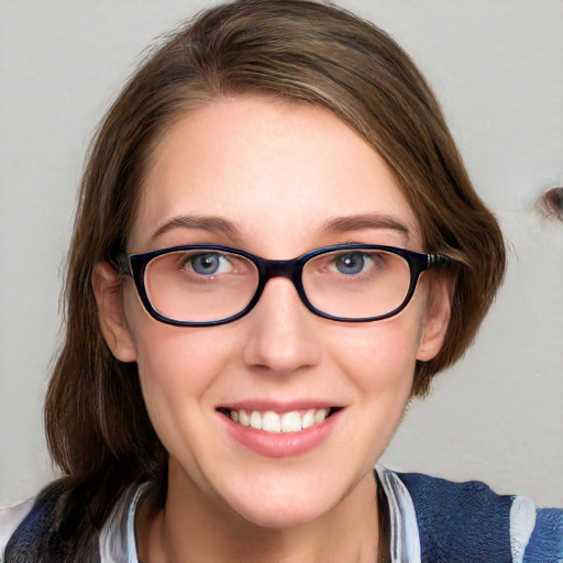 Joyful white young-adult female with medium  brown hair and blue eyes